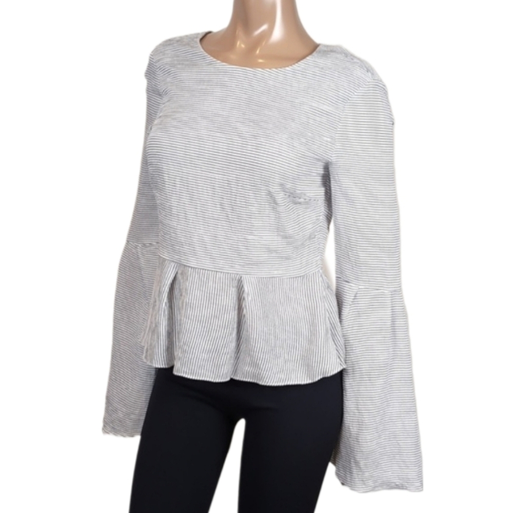 Design Lab Striped Bell Sleeve Top Pleated Peplum Ribbon Tie Keyhole Flare